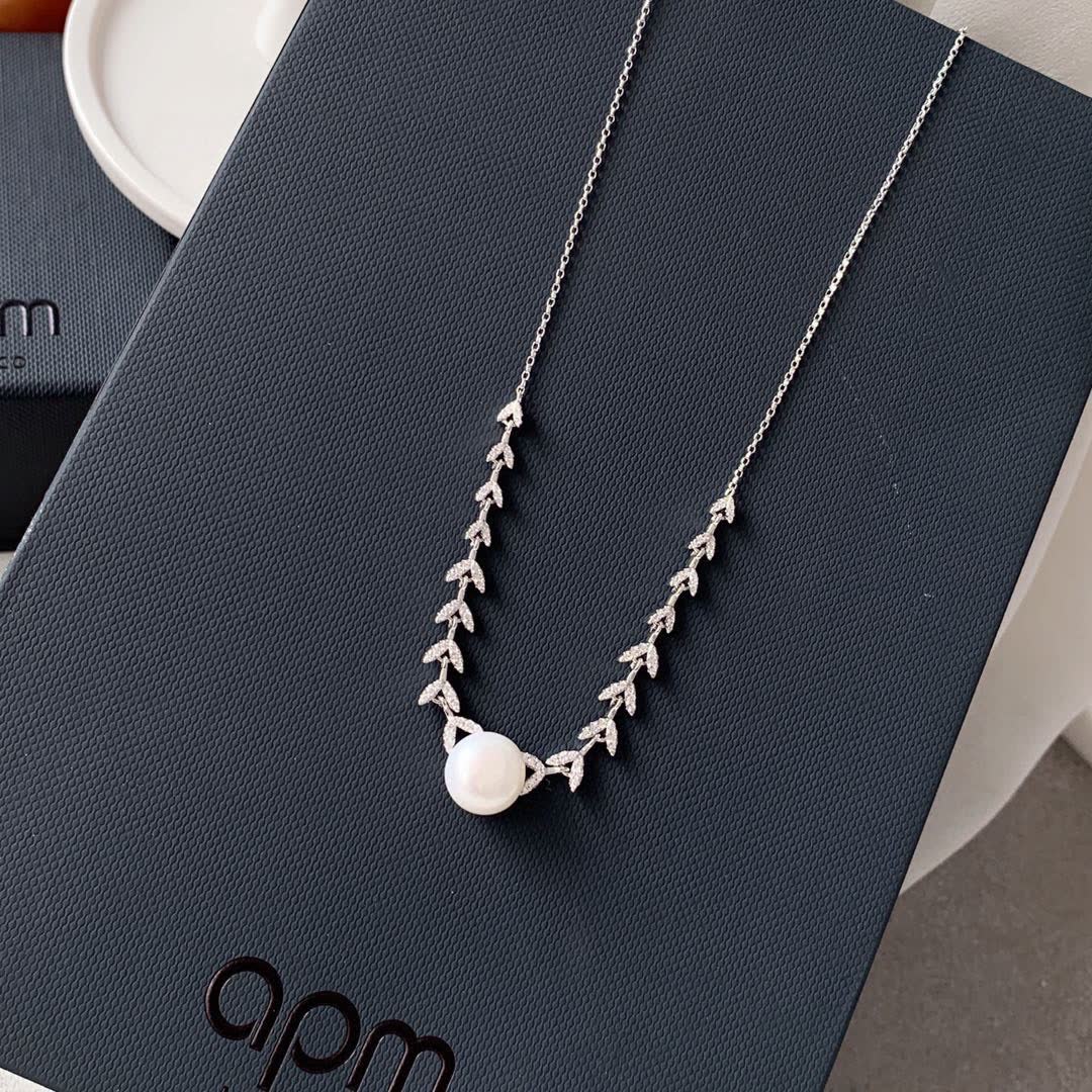 APM Monaco Pearl and Diamond Leaf Necklace